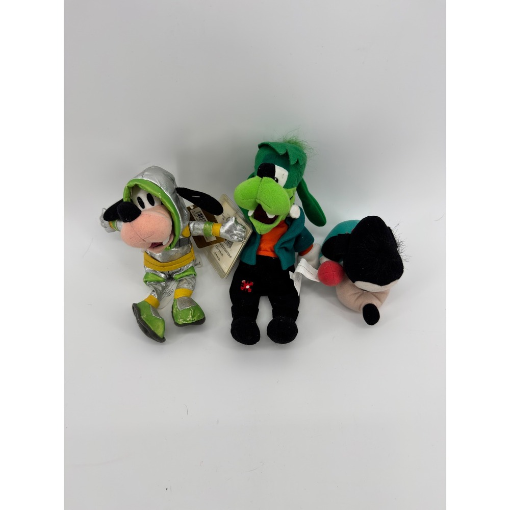 Disney Goofy Plush Bean Bag Lot Goofenstein Space Suit & Classic Flower 8 Inch